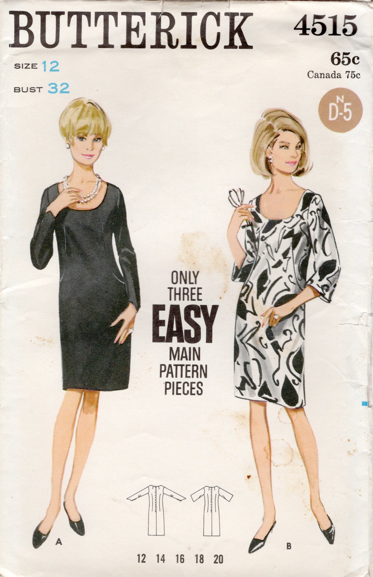 1960's Butterick Scoop Neck Dress with Long Pointed Sleeves - Bust 32" - No. 4515