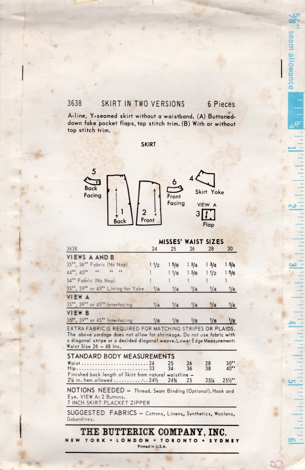 1960’s Butterick Yoked Skirt Pattern – Waist 25" - No. 3638
