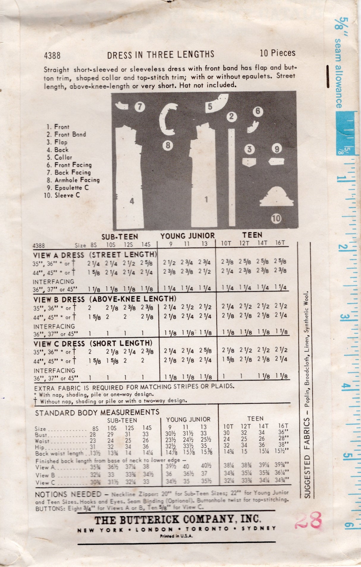 1960’s Butterick Straight Line Dress Pattern - Bust 28" - No. 4388