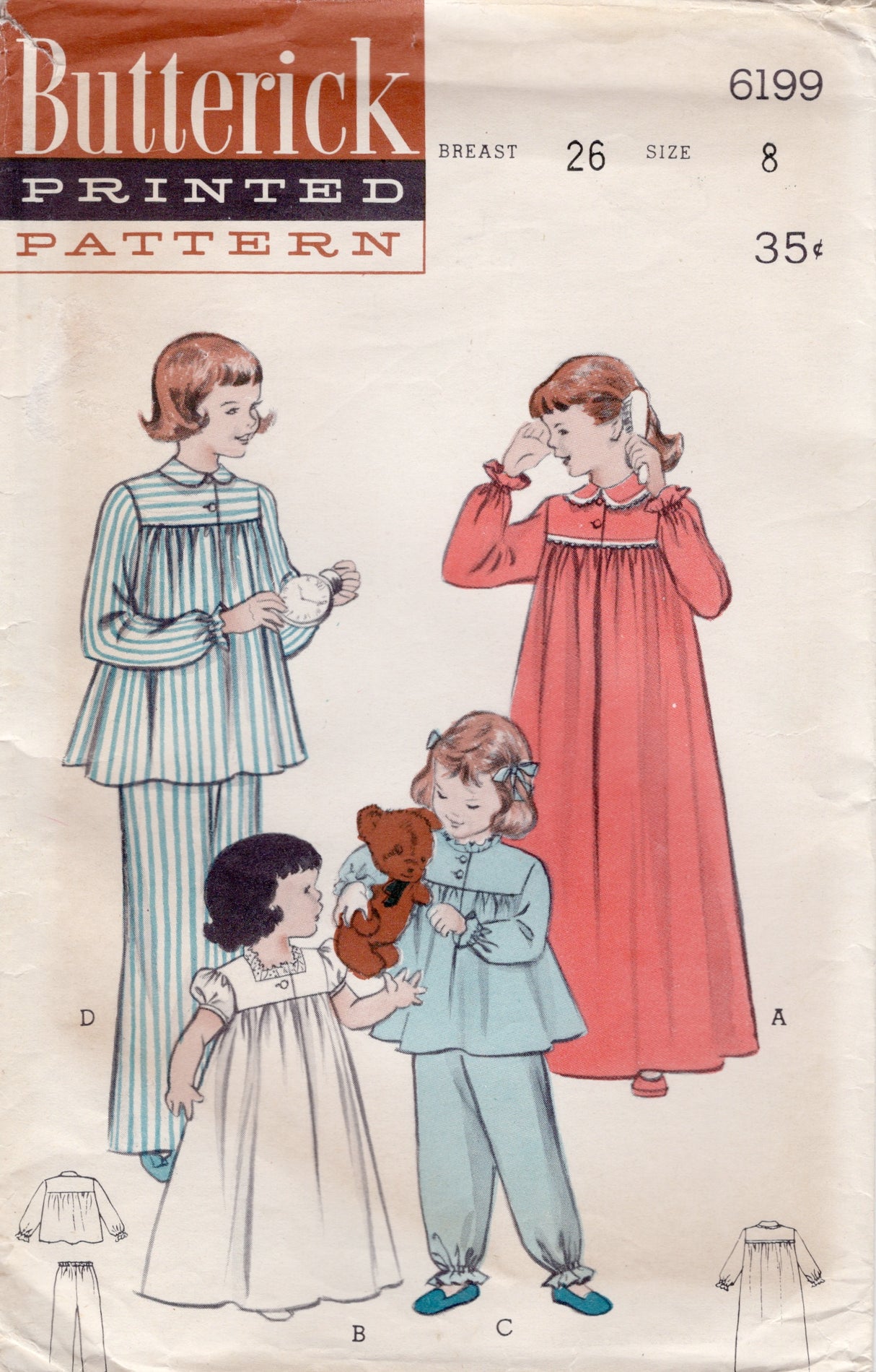 1950's Butterick Child's Nightgown and Two Piece Pajama Pattern - Chest 26" - No. 6199