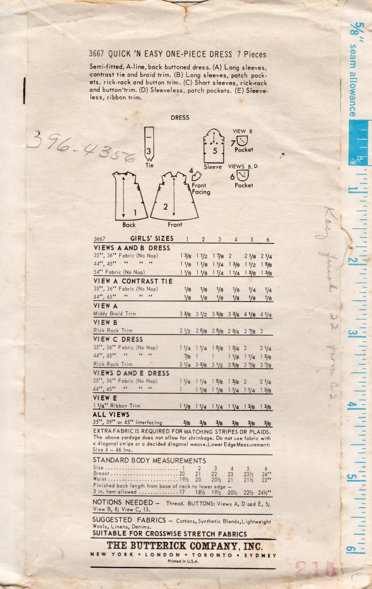 1960's Butterick Child's "Quick and Easy" Dress Pattern in Two Lengths - Chest 24" - No. 3667