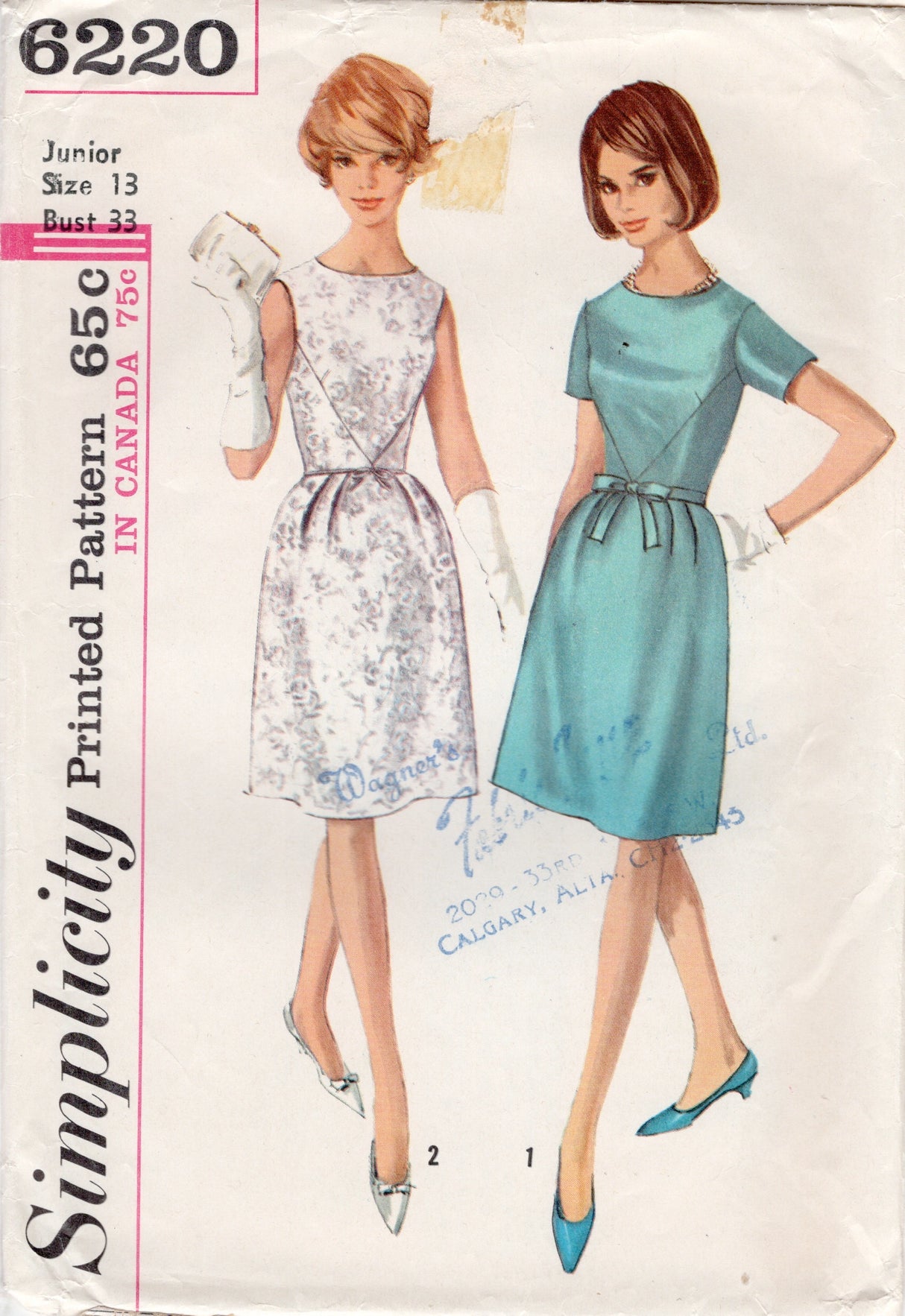 1960's Simplicity One-Piece Dress Pattern with Accent Panel Bodice - Bust 33" - No. 6220