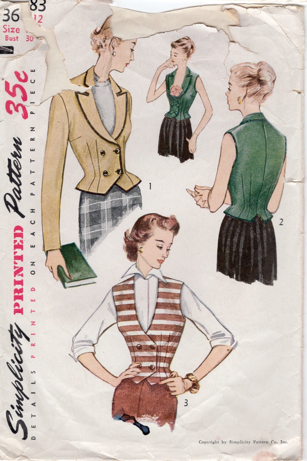 1950's Simplicity Weskit Vest and Jacket with Nipped Waist - Bust 30" - No. 3683