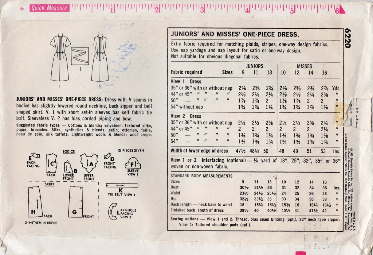 1960's Simplicity One-Piece Dress Pattern with Accent Panel Bodice - Bust 33" - No. 6220