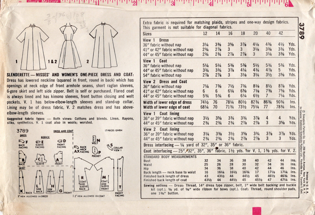 1960's Simplicity Fit and Flare Dress and Coat Pattern - Bust 34" - No. 3789