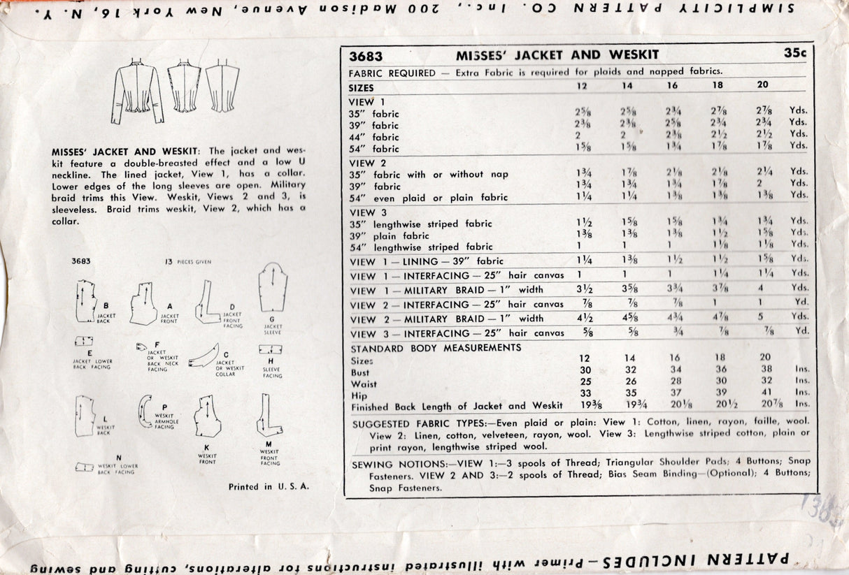1950's Simplicity Weskit Vest and Jacket with Nipped Waist - Bust 30" - No. 3683