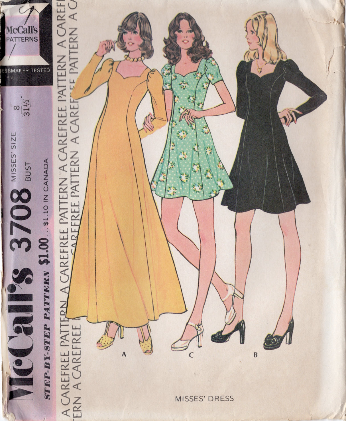 1970's McCall's Midi or Maxi Princess Line Dress with Sweetheart Neckline Pattern - Bust 31.5-34" - No. 3708