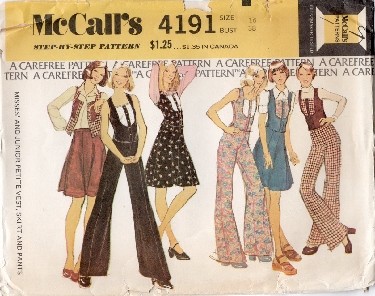 1970's McCall's Button Up Vest, Flared Skirt and Bell Bottom Pants Pattern - Bust 38" - No. 4191