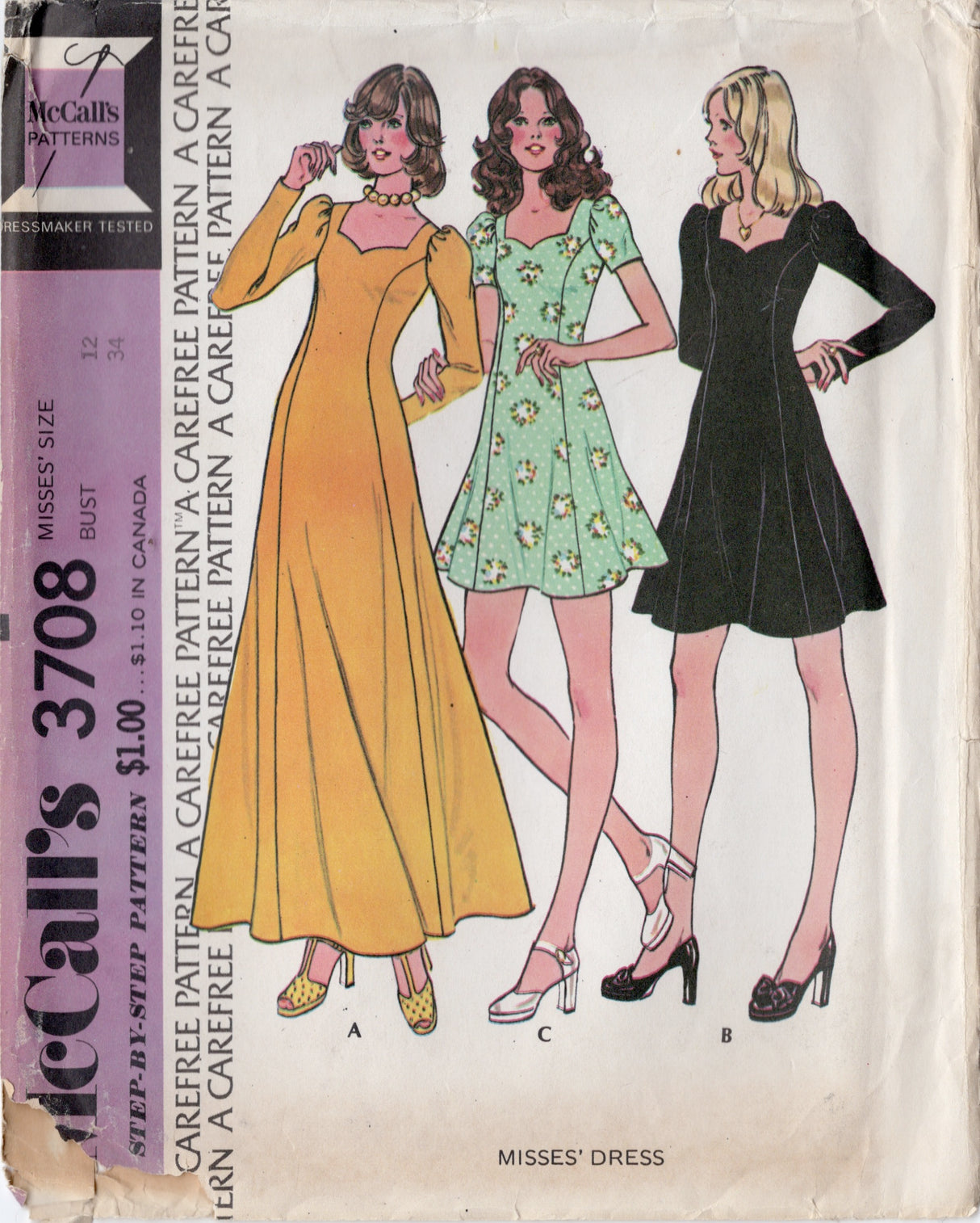 1970's McCall's Midi or Maxi Princess Line Dress with Sweetheart Neckline Pattern - Bust 31.5-34" - No. 3708
