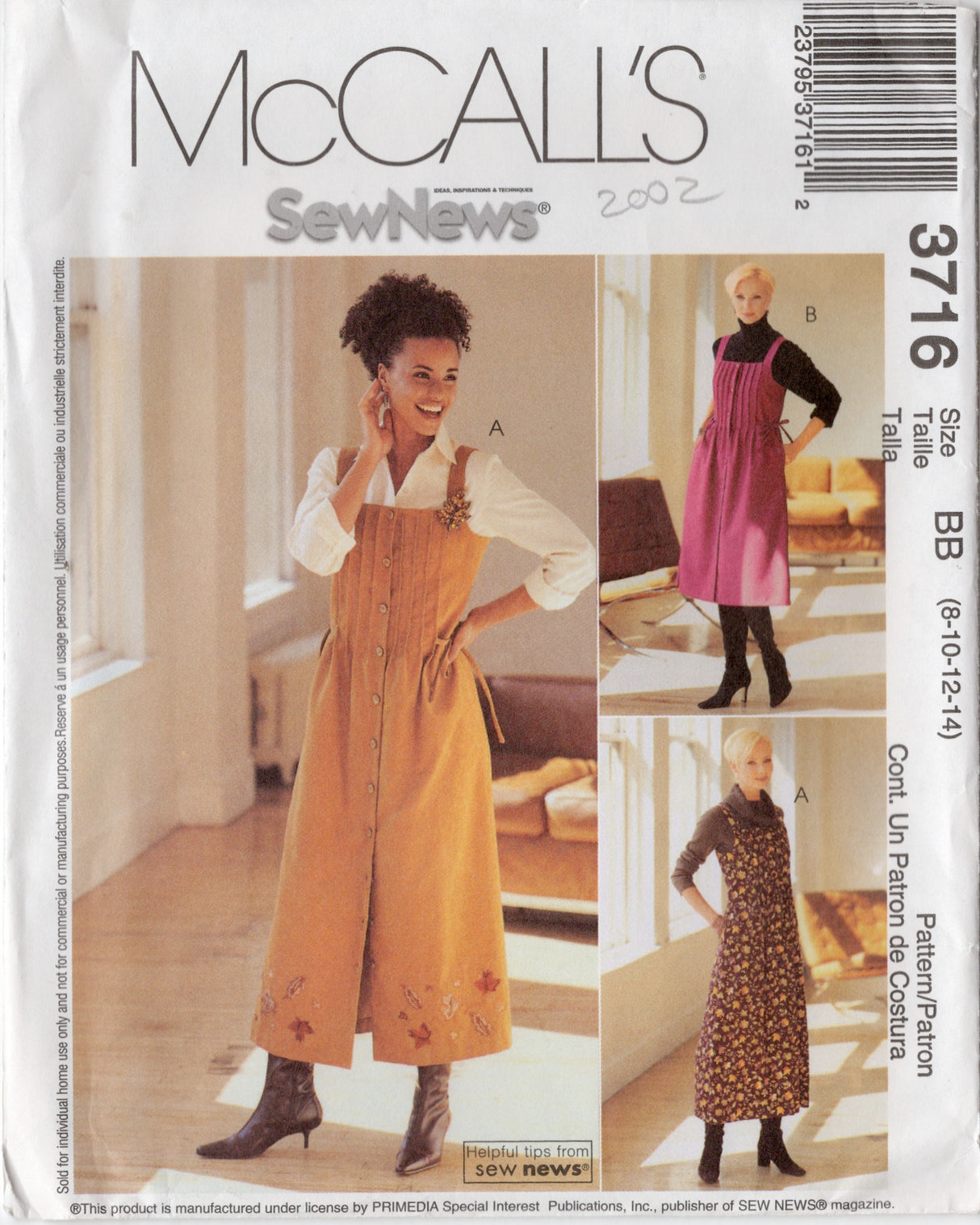 2000's McCall's Tucked Front Button Up Dress Pattern - Bust 31.5-36" - No. 3716
