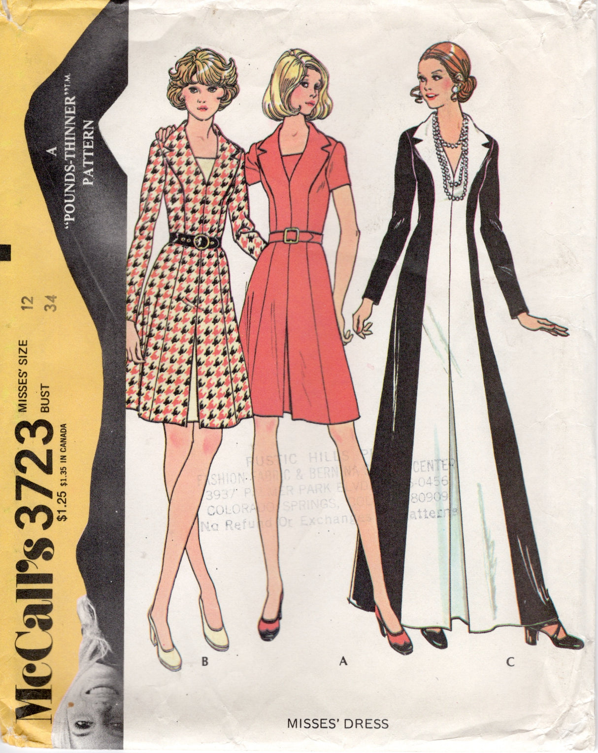 1970's McCall's Accent Front Panel Dress - Bust 34" - No. 3723