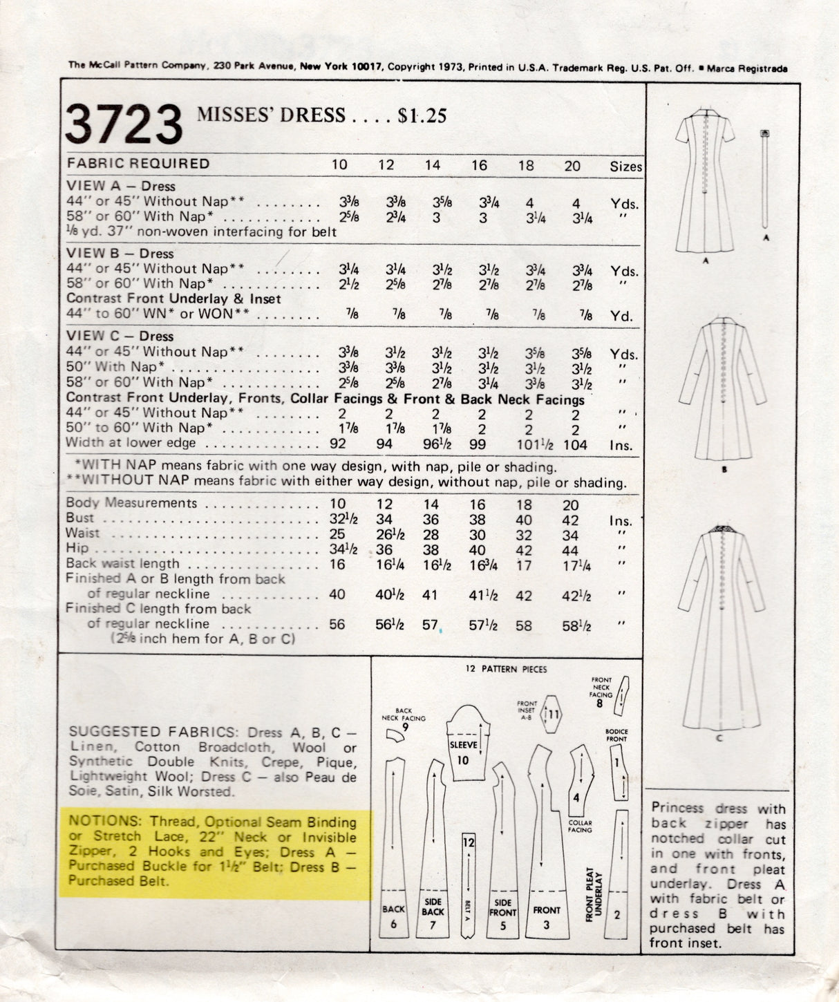 1970's McCall's Accent Front Panel Dress - Bust 34" - No. 3723