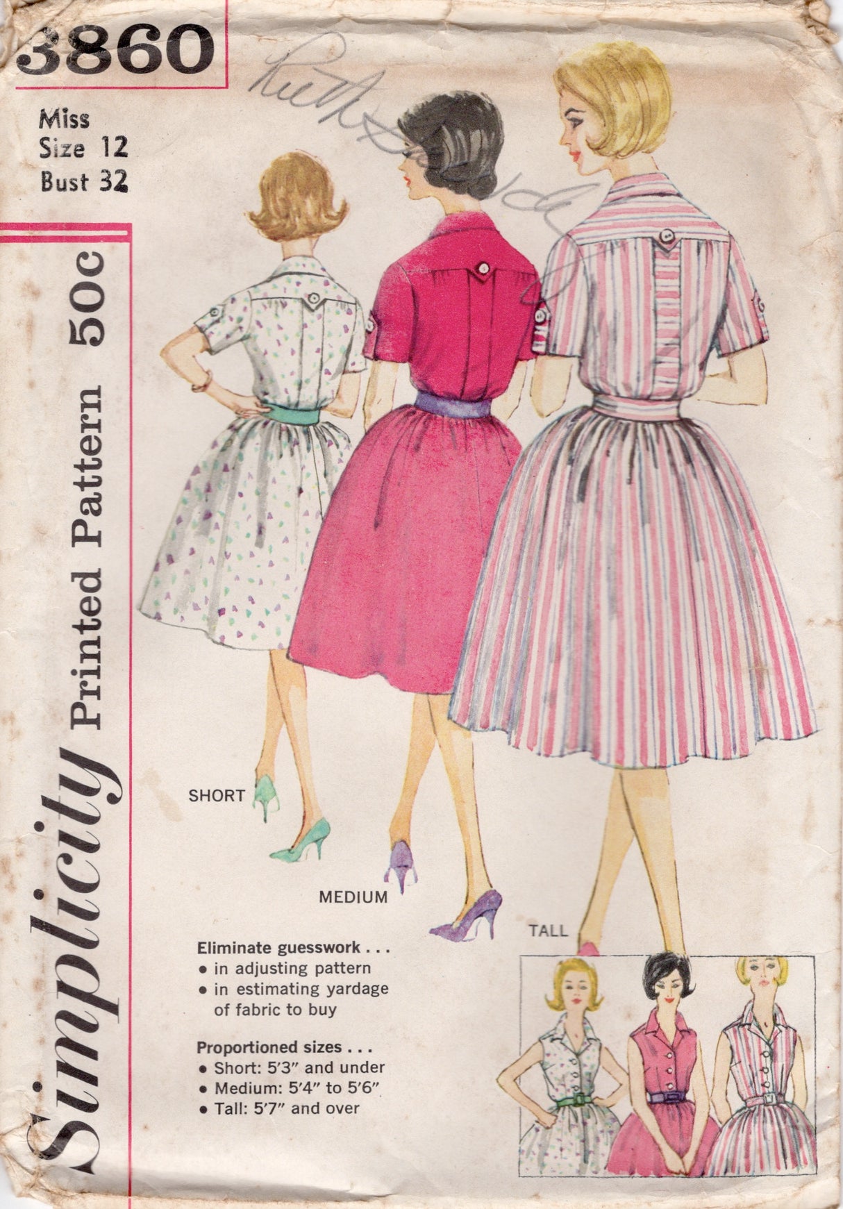 1960's Simplicity Proportioned Shirtwaist Dress - Bust 32" - No. 3860