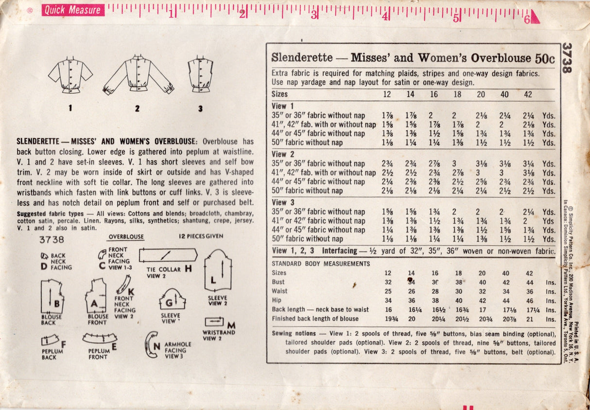 1960’s Simplicity Pullover Blouse Pattern - Bust 38" - No. 3738