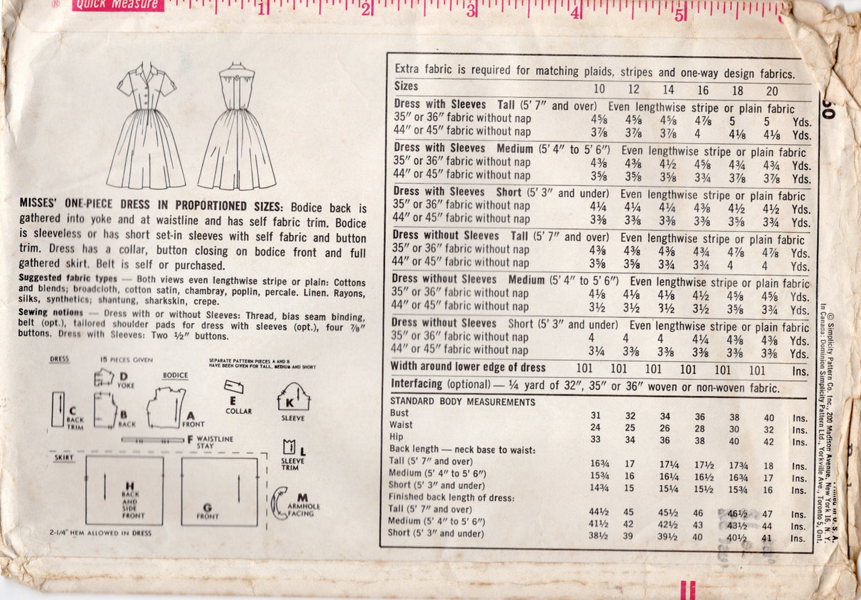 1960's Simplicity Proportioned Shirtwaist Dress - Bust 32" - No. 3860