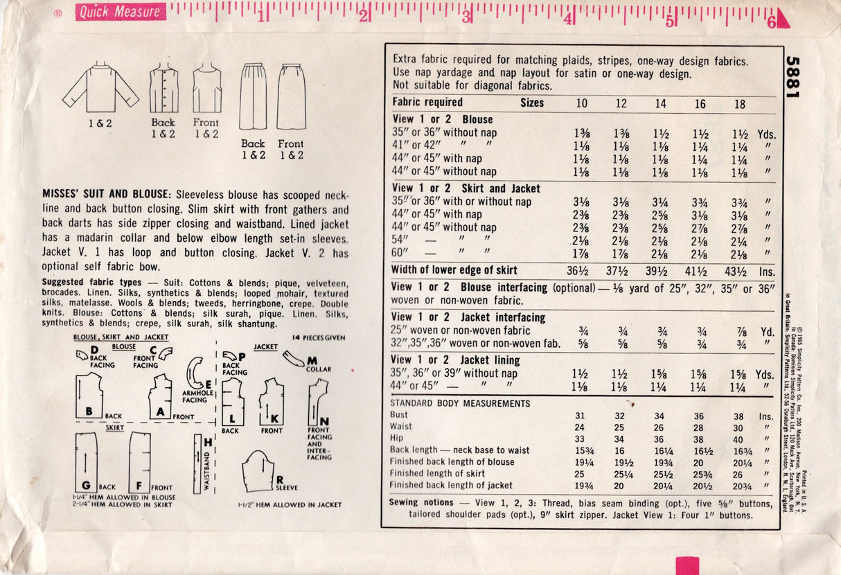 1960's Simplicity Suit and Blouse Pattern - Bust 36" - No. 5881