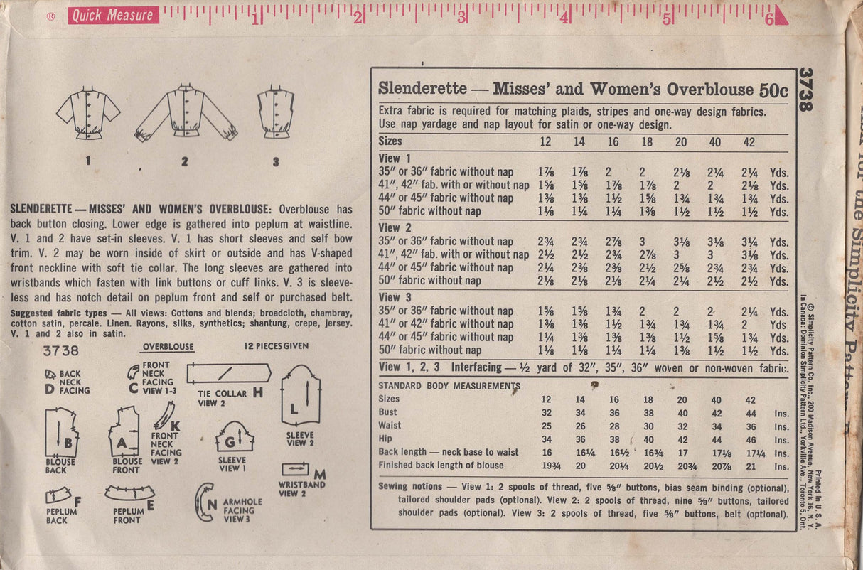 1960’s Simplicity Pullover Blouse Pattern - Bust 32" - No. 3738