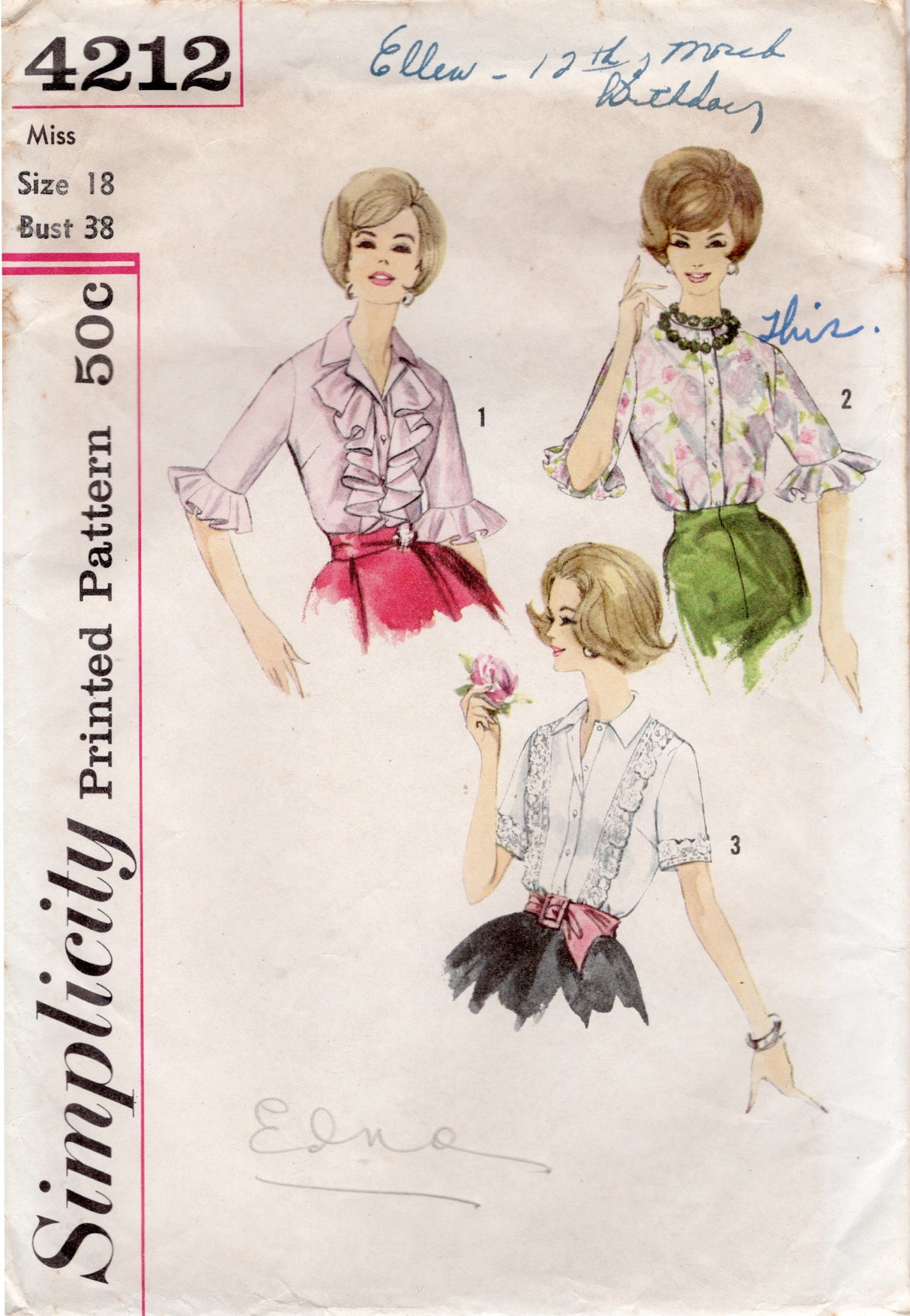 1960’s Simplicity Button Up Shirt with Large Collar Pattern - Bust 38" - No. 4212