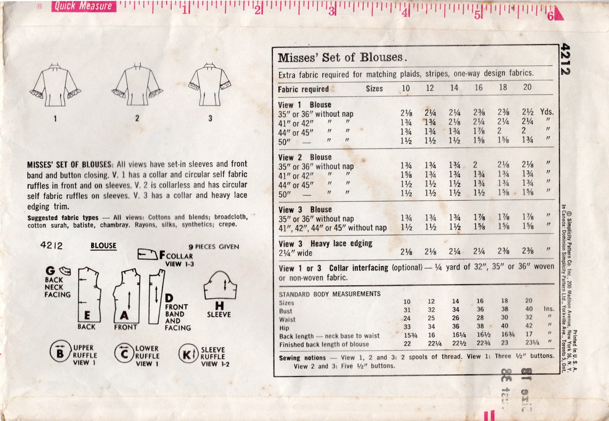 1960’s Simplicity Button Up Shirt with Large Collar Pattern - Bust 38" - No. 4212