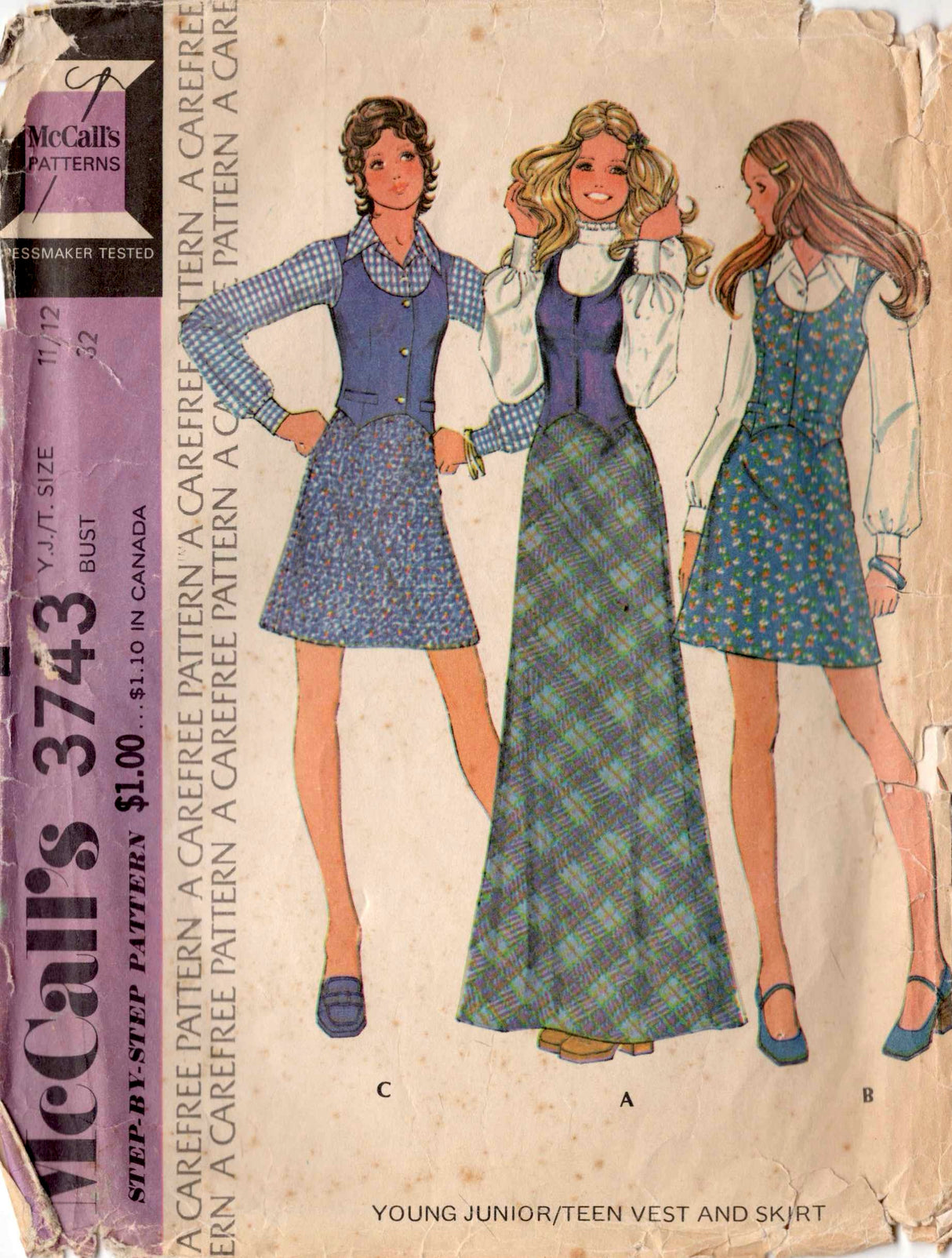 1970's McCall’s Vest and Skirt Pattern - Bust 32" - No. 3743