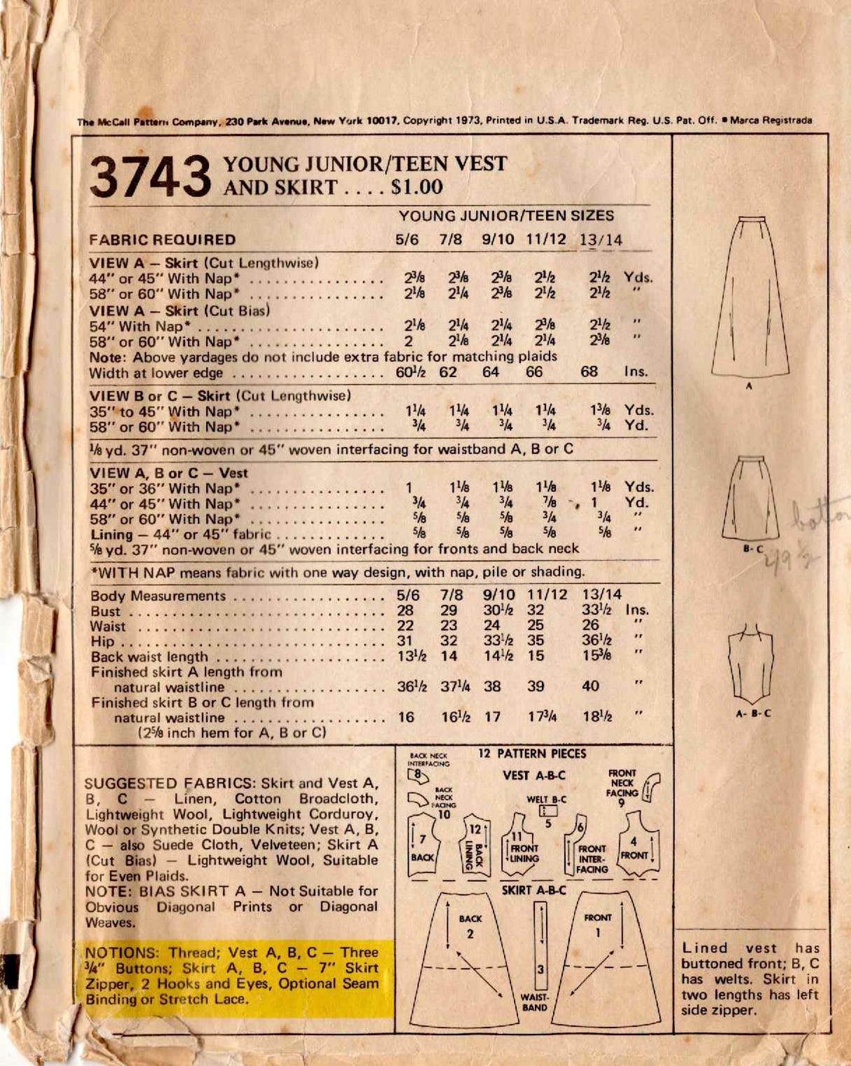 1970's McCall’s Vest and Skirt Pattern - Bust 32" - No. 3743
