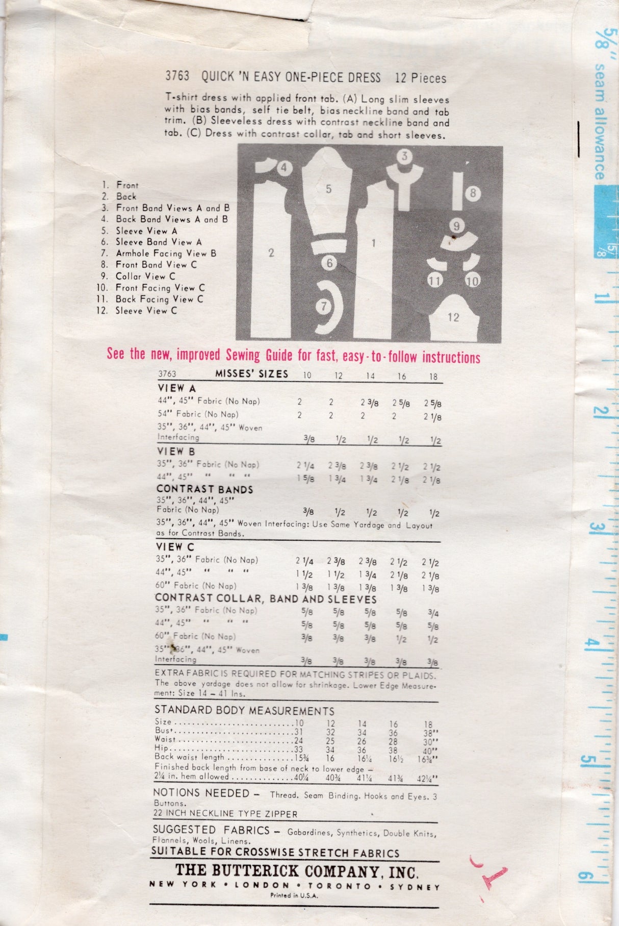 1960's Butterick T-Shirt Dress Pattern - Bust 38" - No. 3763