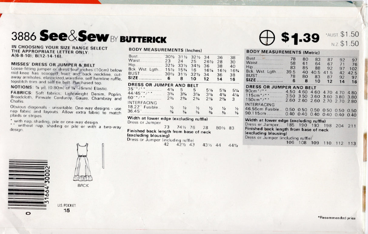 1990's Butterick See & Sew Jumper Dress and Belt Pattern - Bust 34-38" - No. 3886