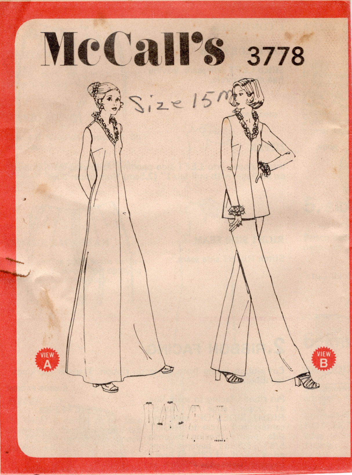 1970's McCall's Maxi Dress or Tunic and Pants Pattern - Bust 34" - No. 3778