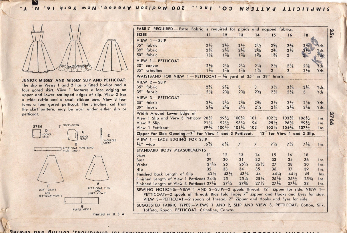 1950's Simplicity Full Slip and Flared Petticoat Pattern - Bust 31" - No. 3766