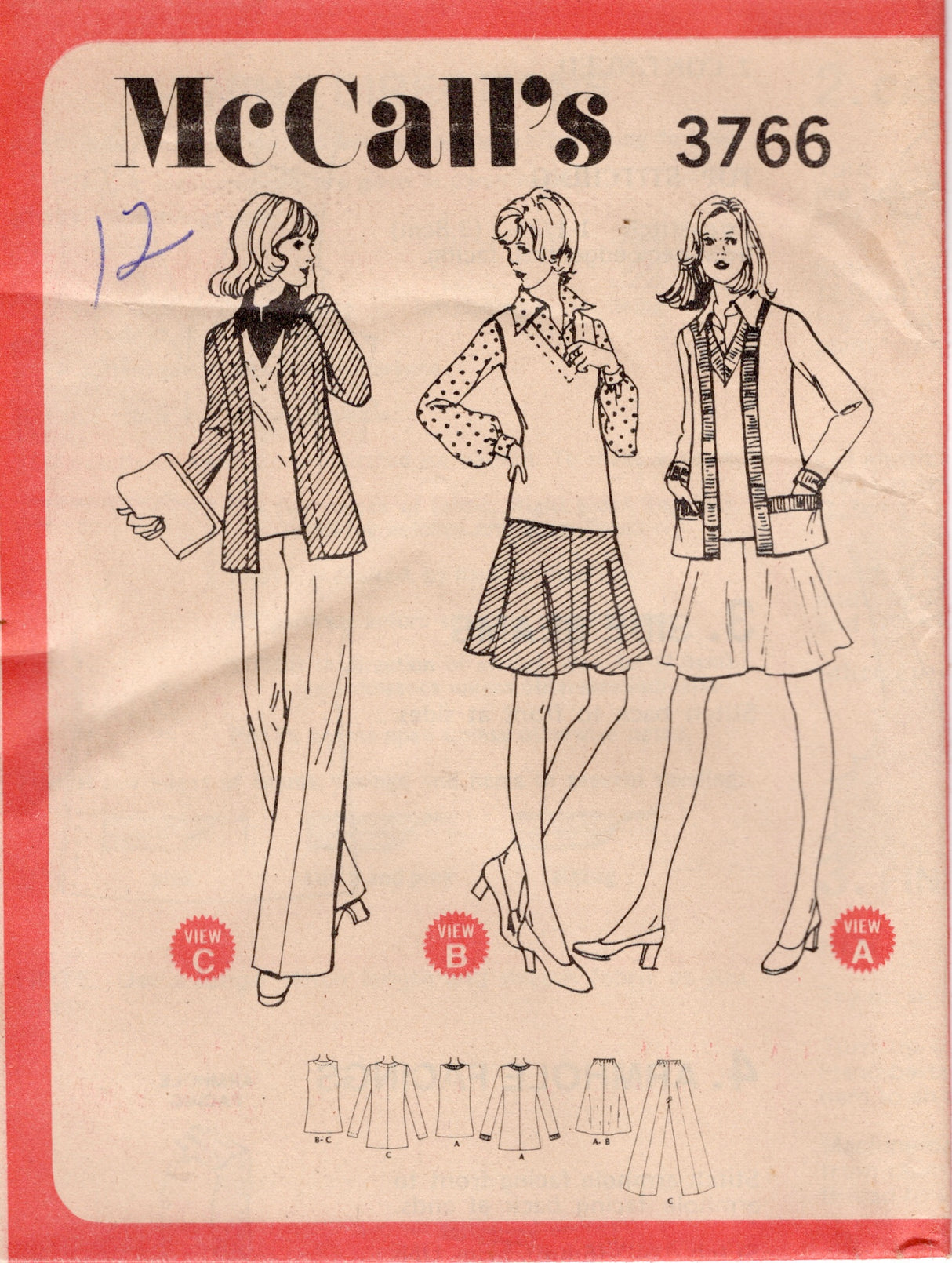 1970's McCall's Blouse, Vest, A Line Skirt and Pants Pattern - Bust 34" - No. 3766