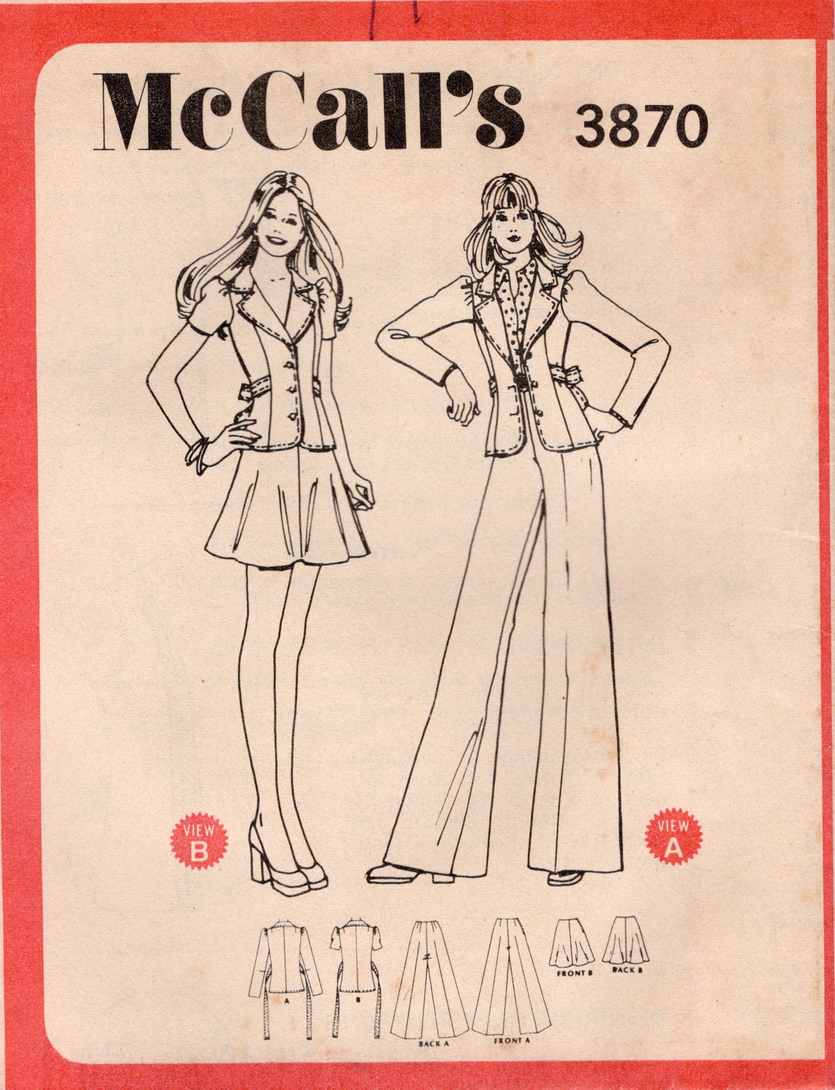 1970's McCall's Unlined Jacket, High Waisted Pants and Flared Mini Skirt Pattern - Bust 33.5" - No. 3870