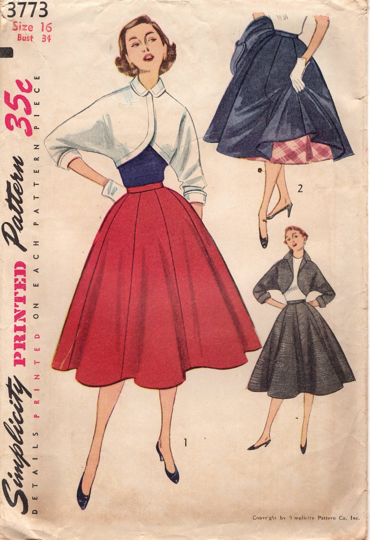1950's Simplicity Gored Full Skirt and Cropped Bolero Jacket Pattern - Bust 34" - No. 3773