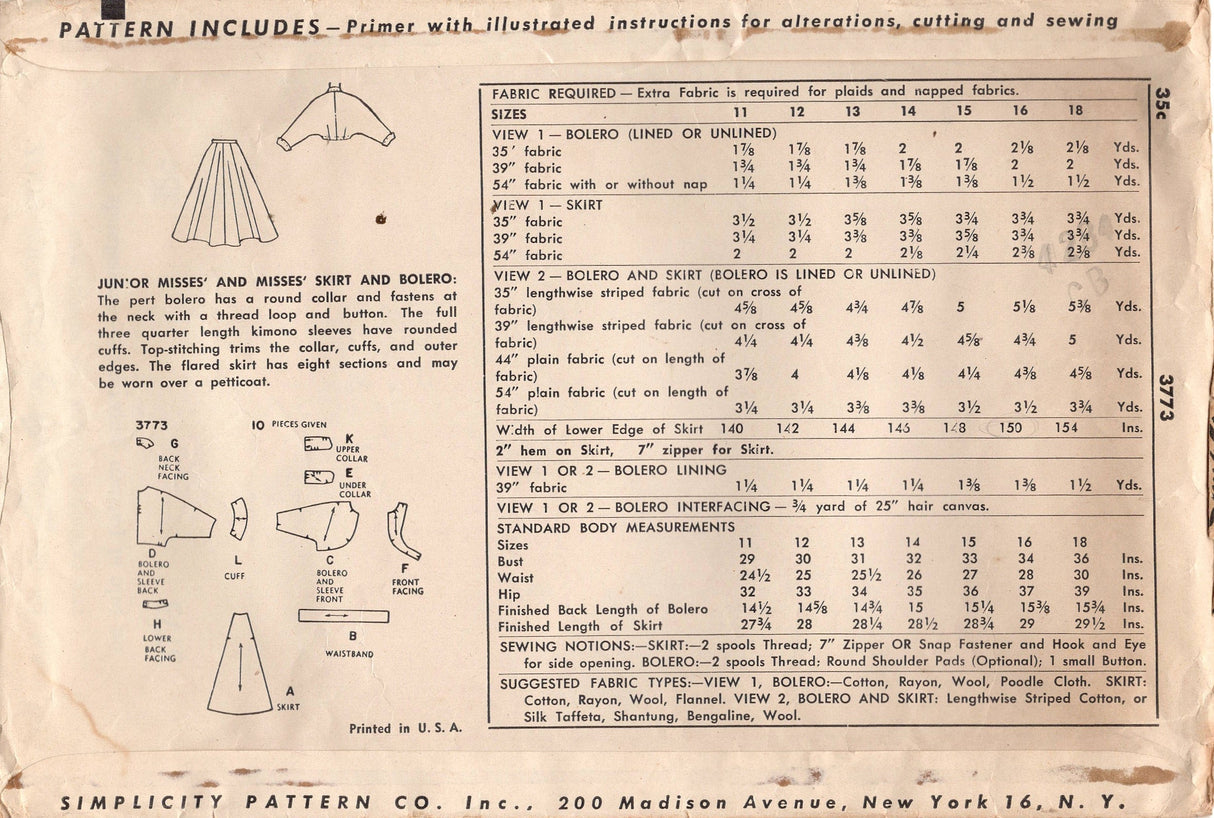 1950's Simplicity Gored Full Skirt and Cropped Bolero Jacket Pattern - Bust 34" - No. 3773
