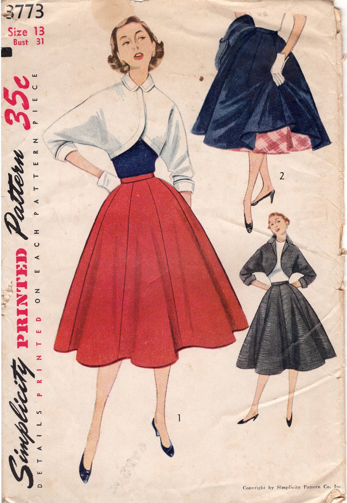 1950's Simplicity Gored Full Skirt and Cropped Bolero Jacket Pattern - Bust 31" - No. 3773
