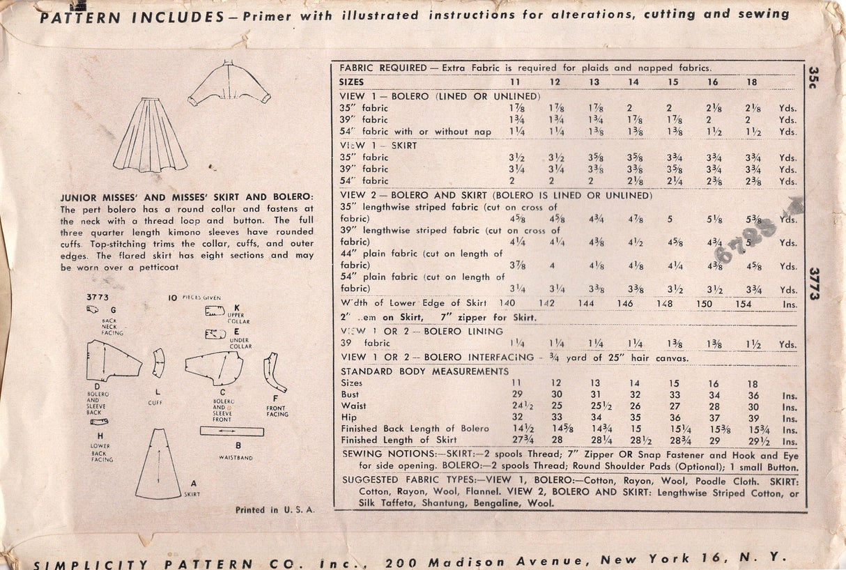 1950's Simplicity Gored Full Skirt and Cropped Bolero Jacket Pattern - Bust 31" - No. 3773