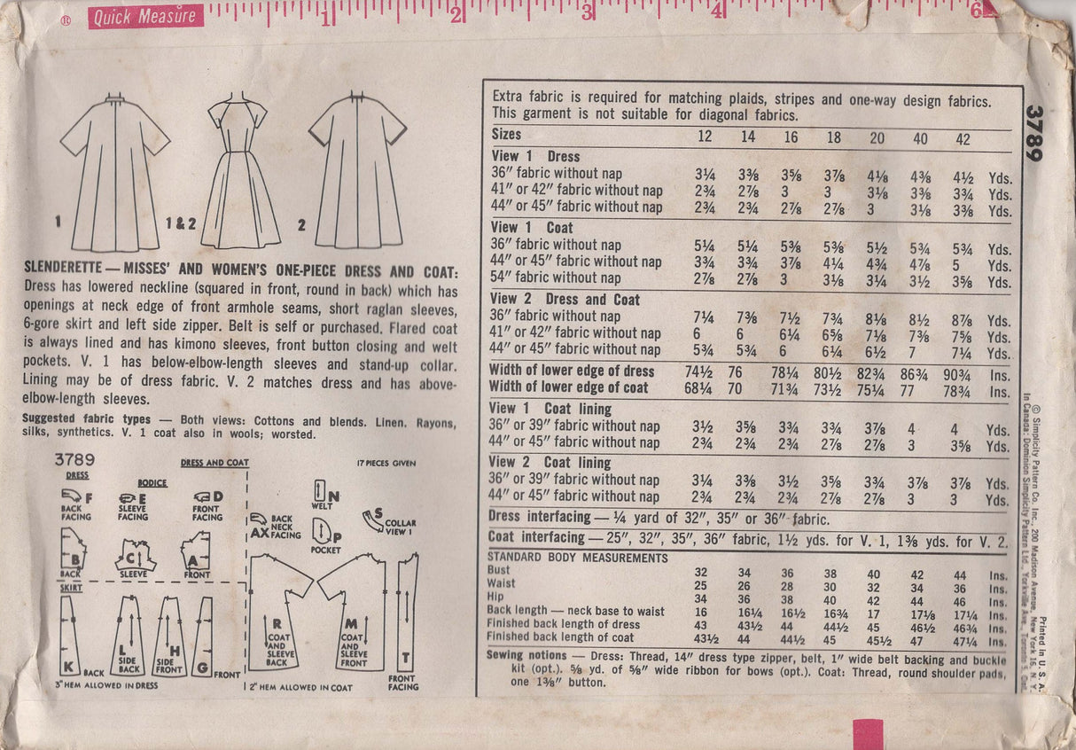 1960's Simplicity Fit and Flare Dress and Coat Pattern - Bust 32" - No. 3789