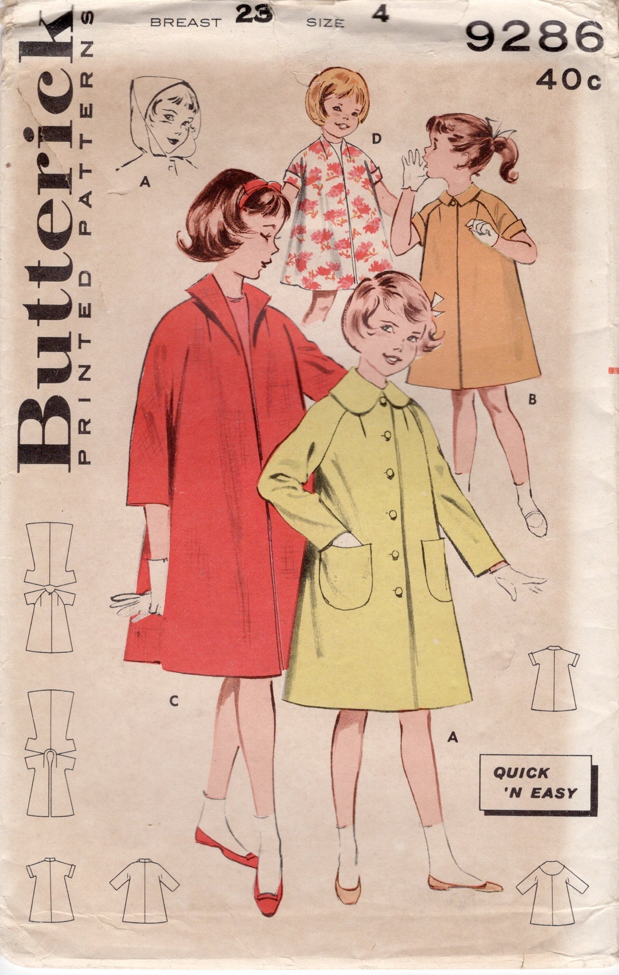 1960's Butterick Child's Coat Pattern with or without Hood - Chest 23" - No. 9286