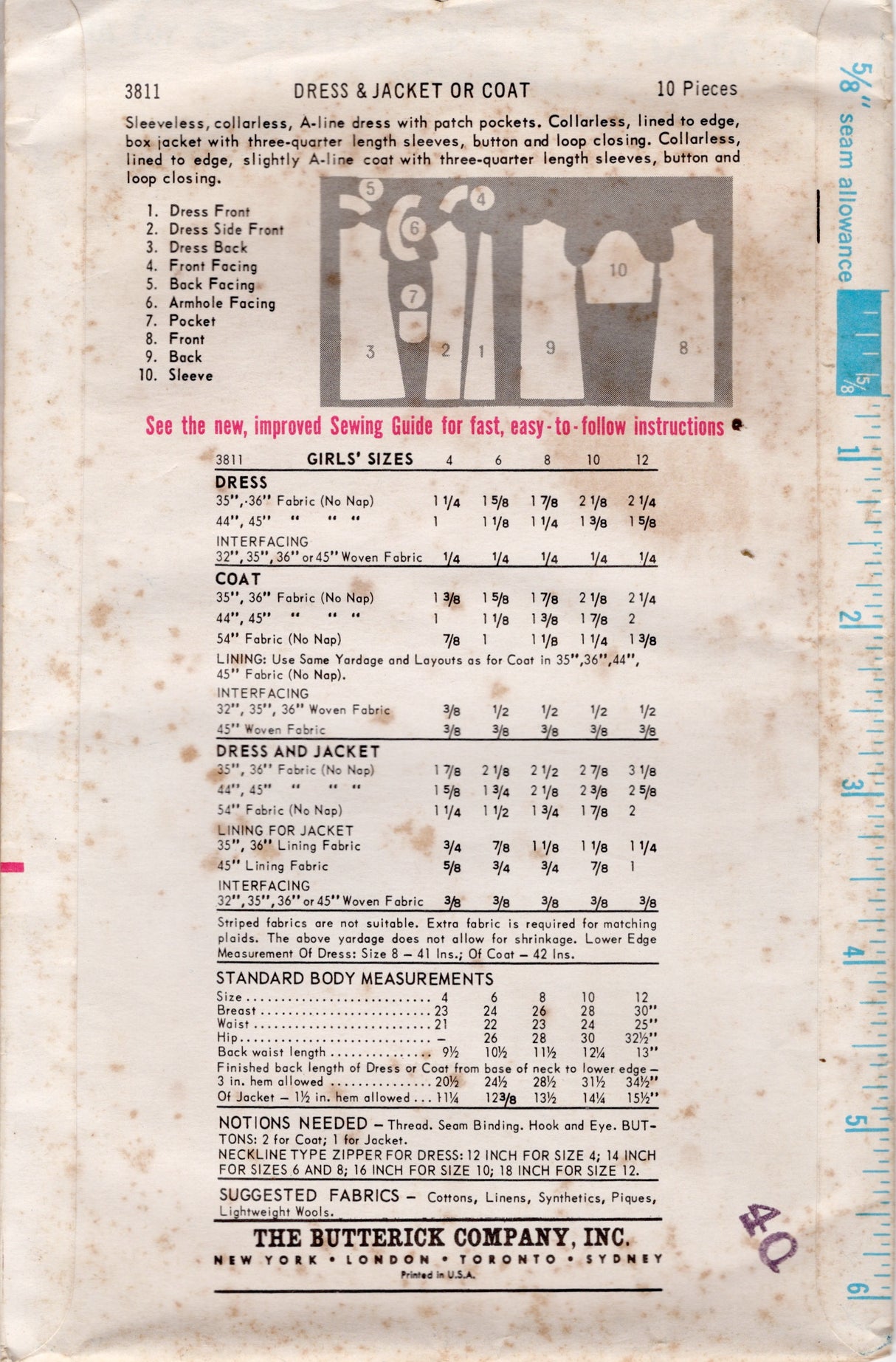 1960's Butterick Child's Dress and Jacket Pattern - Bust 30" - No. 3811