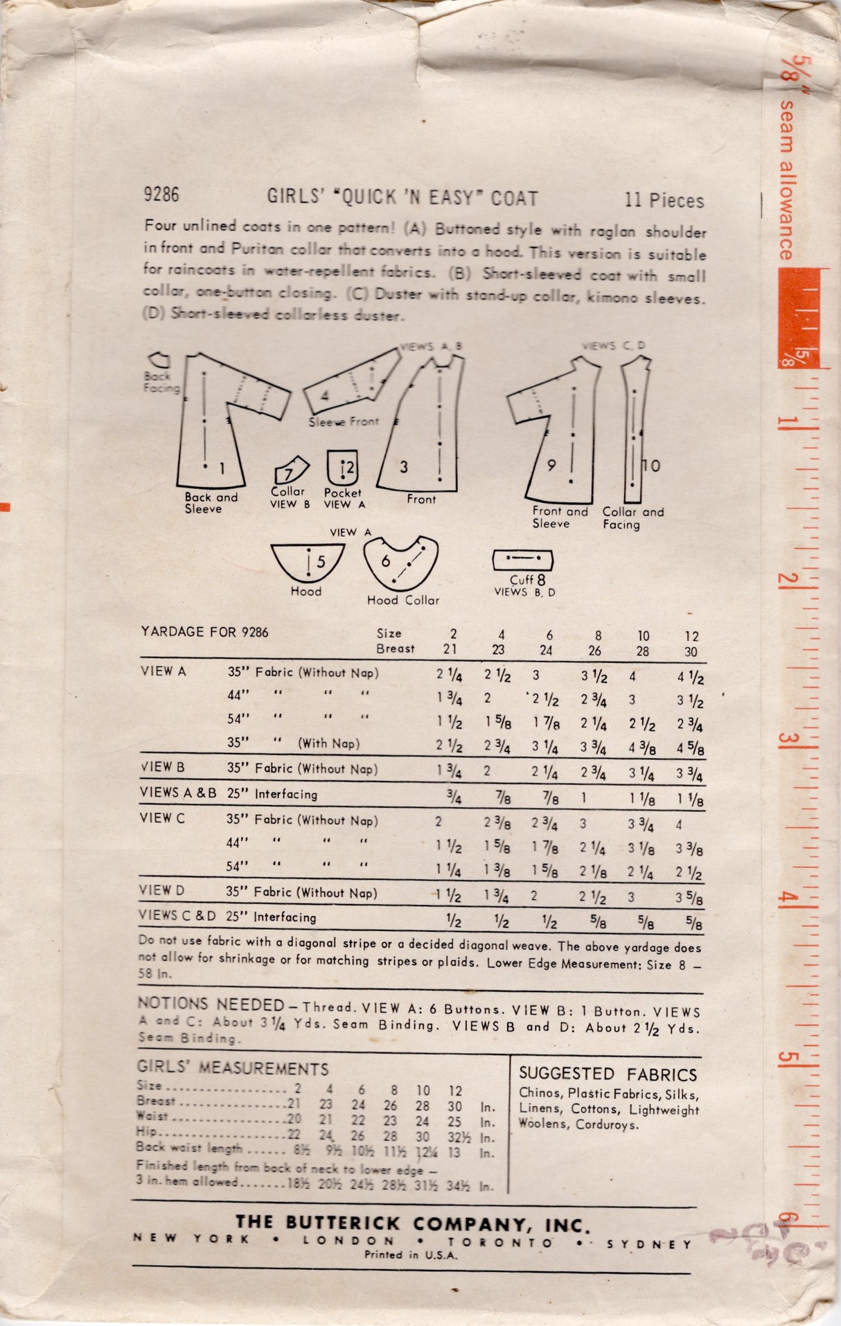 1960's Butterick Child's Coat Pattern with or without Hood - Chest 23" - No. 9286