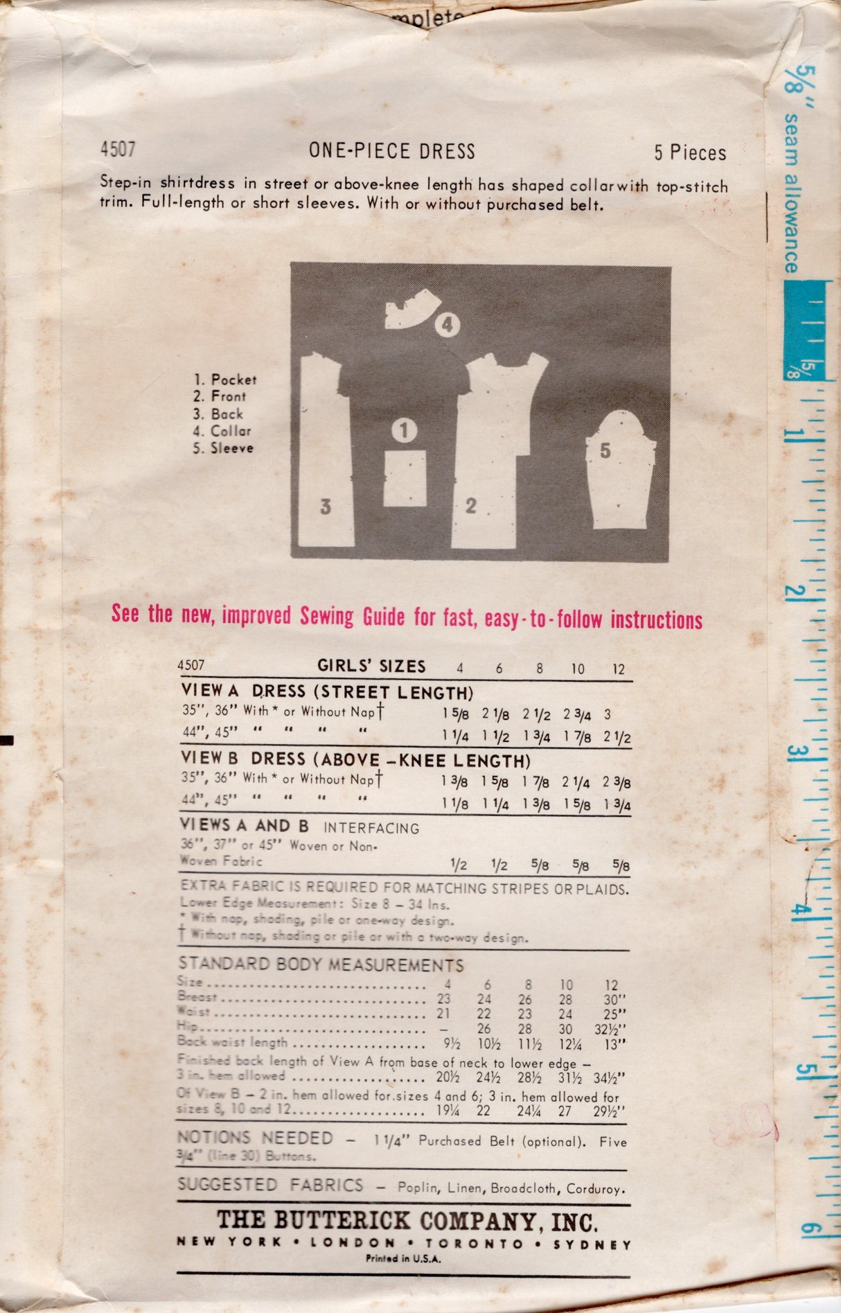 1960's Butterick Child's Step-in Shirtdress Pattern - Chest 30" - No. 4507