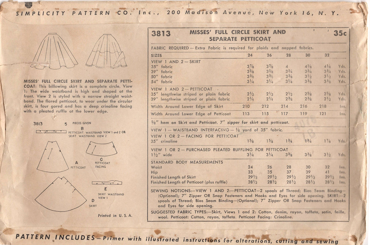 1950's Simplicity Circle Skirt and Petticoat Pattern - Waist 24" - No. 3813
