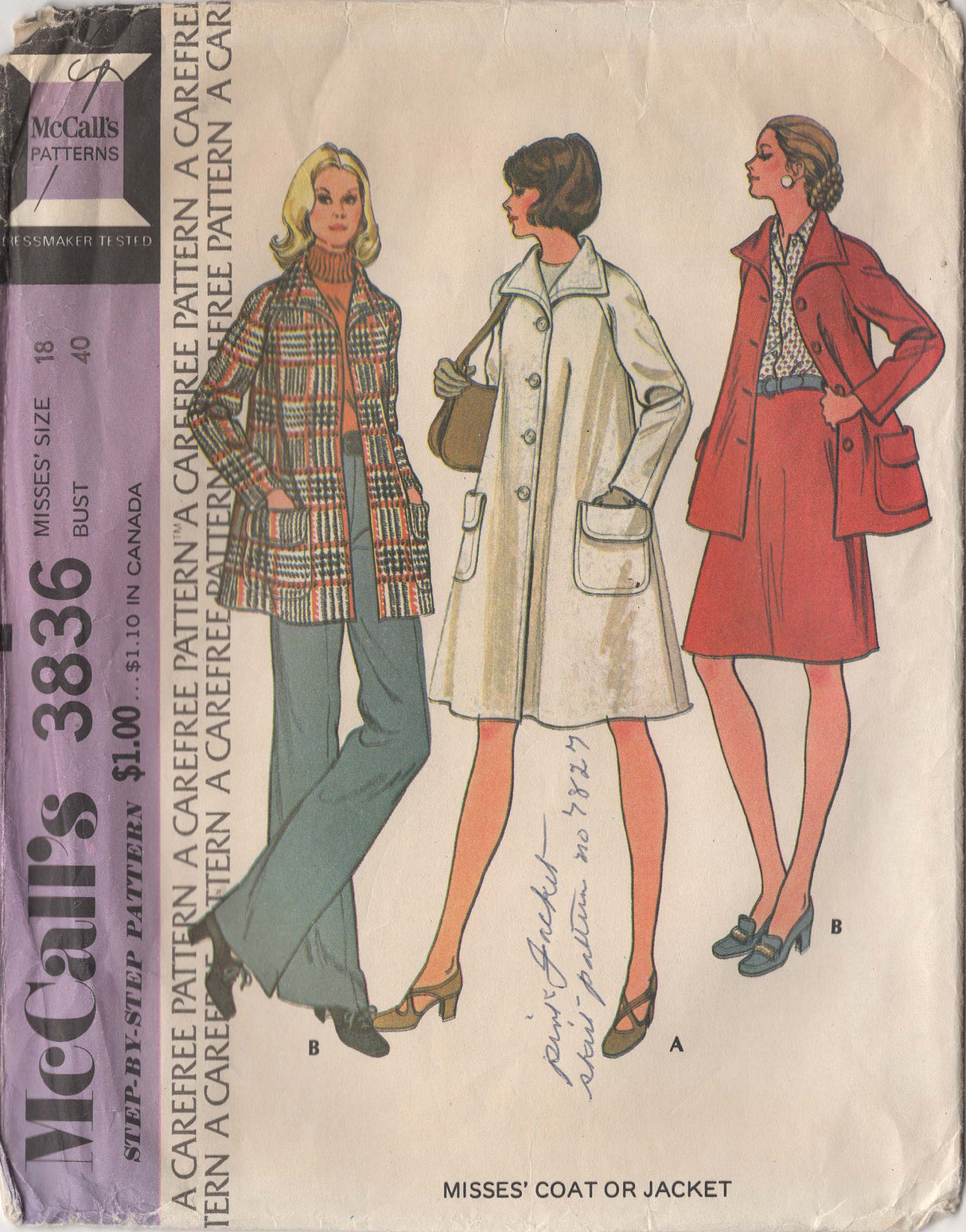 1970's McCall's Coat or Jacket Pattern - Bust 40" - No. 3836