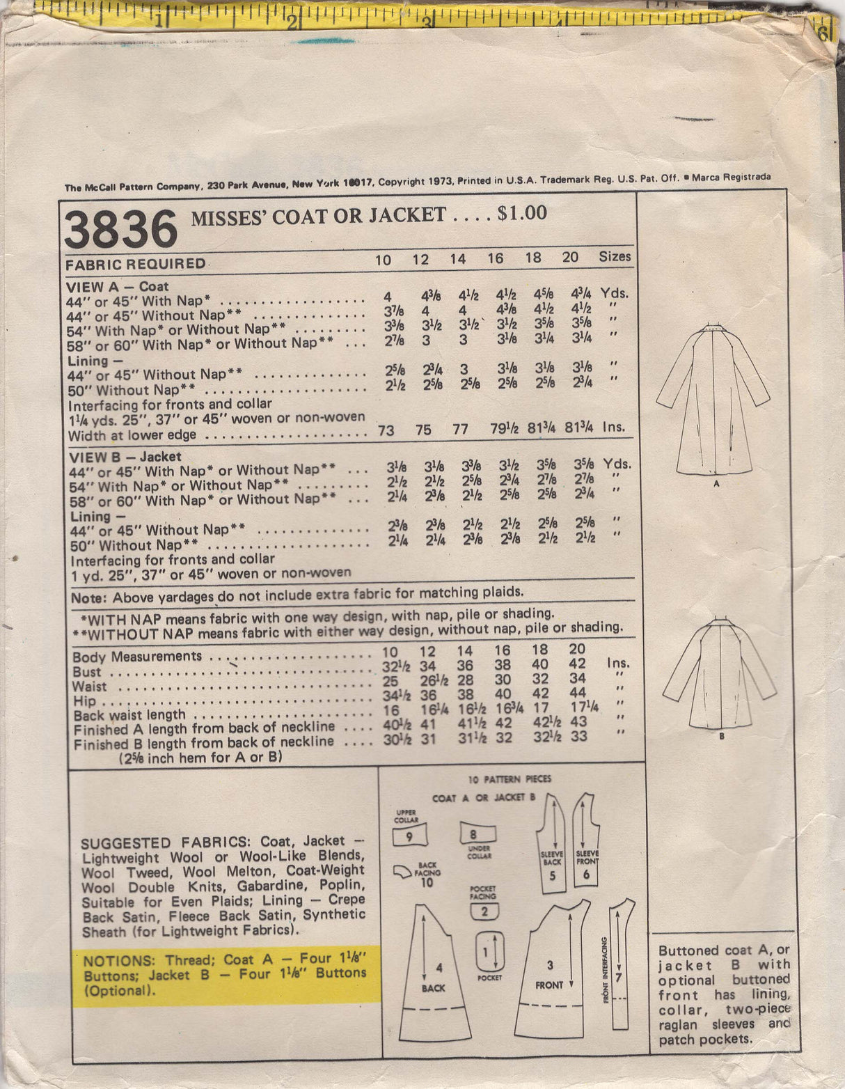 1970's McCall's Coat or Jacket Pattern - Bust 40" - No. 3836