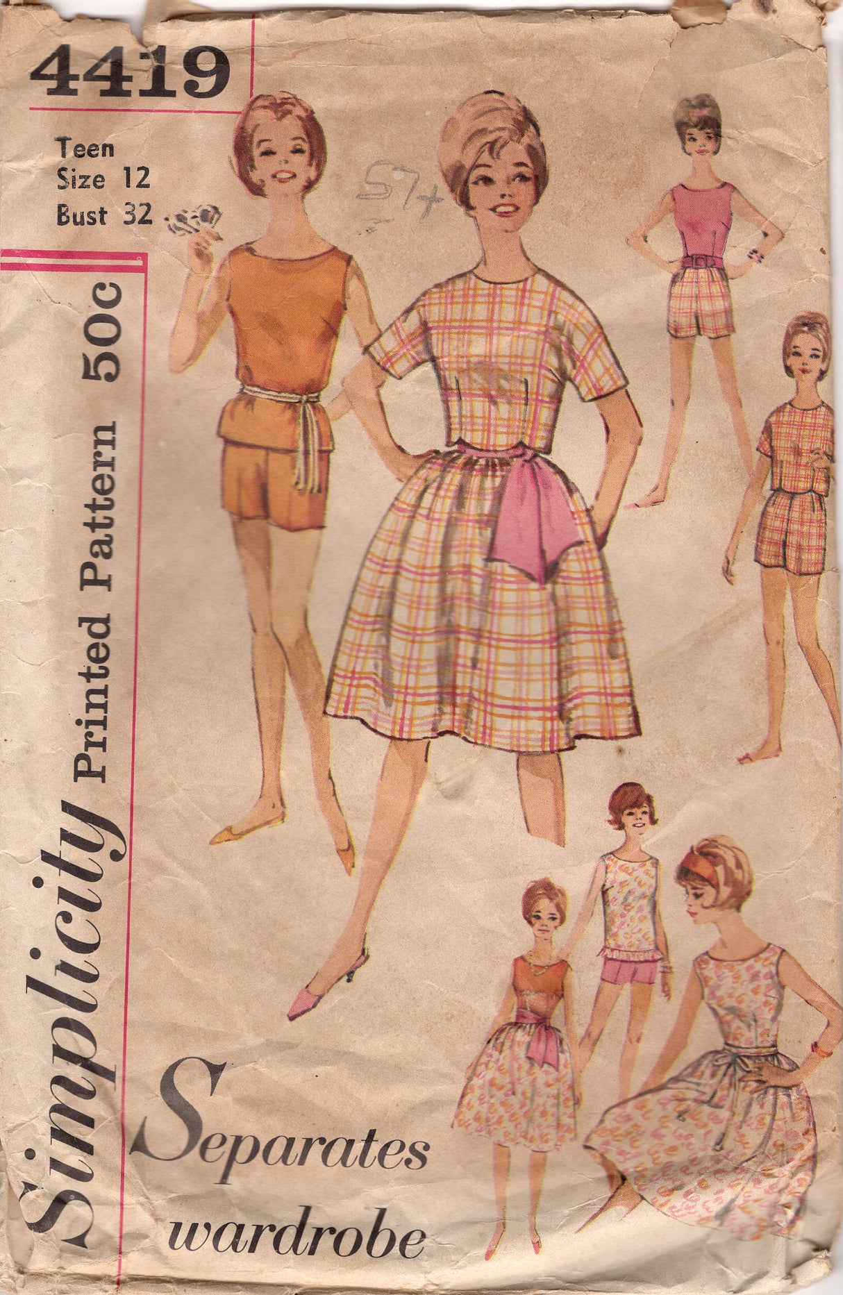 1960's Simplicity Blouse, Skirt, Sash, Top and Shorts Pattern - Bust 32" - No. 4419