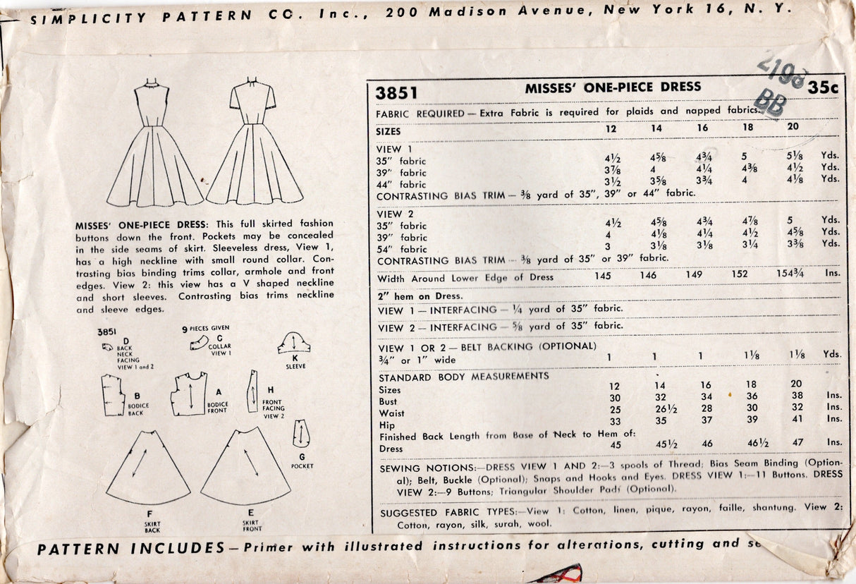1950’s Simplicity Button Up Dress with Two Necklines Pattern - Bust 34” - No. 3851
