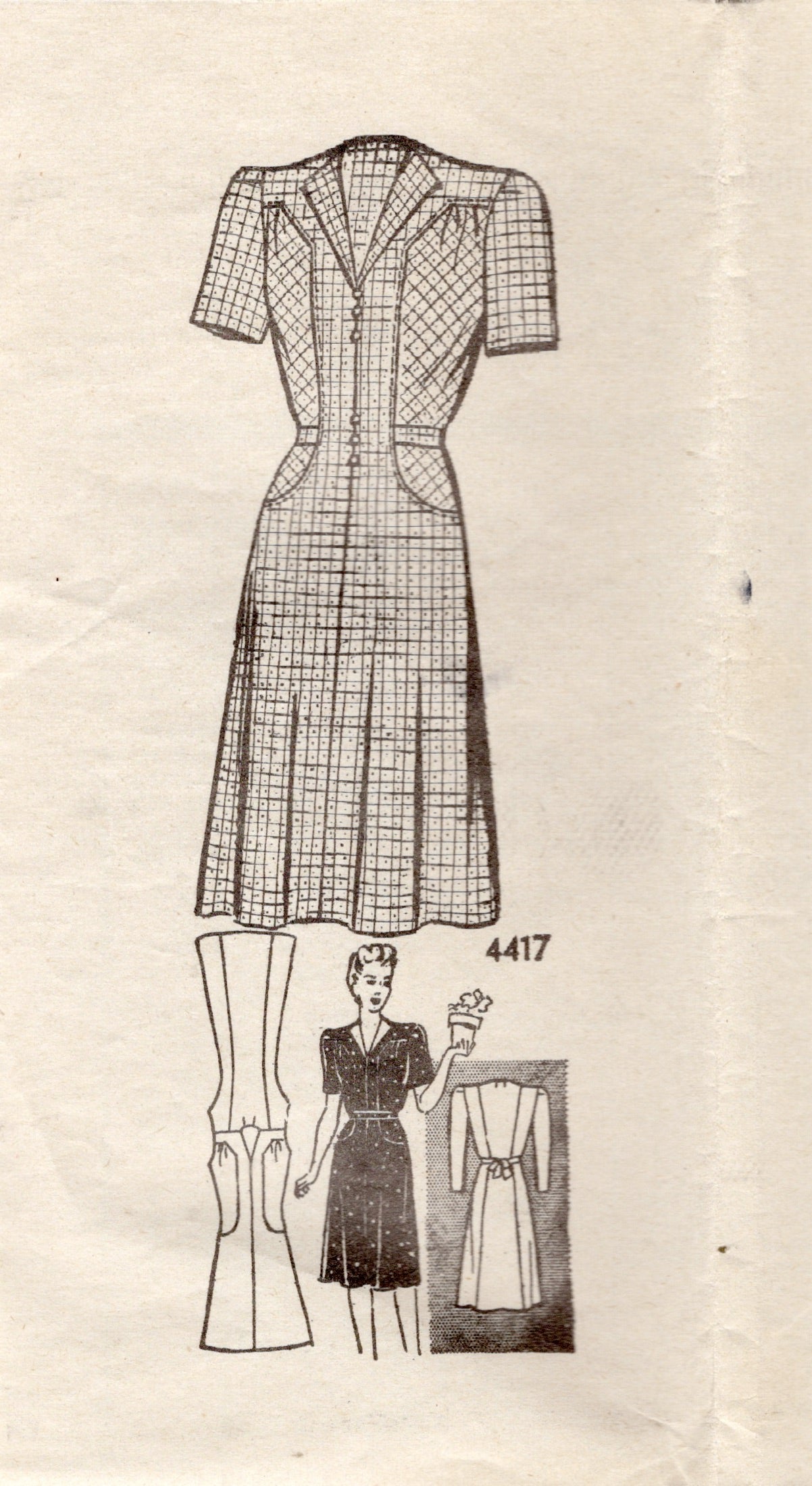 1940's Anne Adams Shirtwaist Dress Pattern with Accent Bodice Panels - Bust 36" - No. 4417