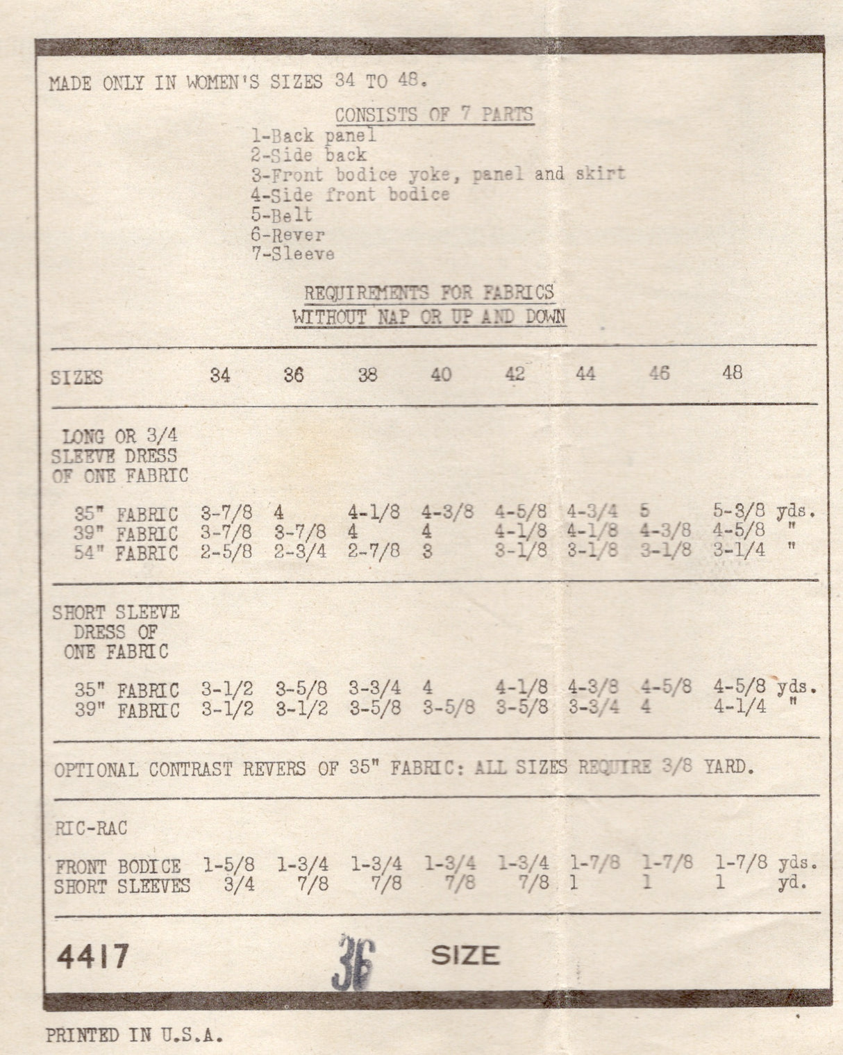 1940's Anne Adams Shirtwaist Dress Pattern with Accent Bodice Panels - Bust 36" - No. 4417