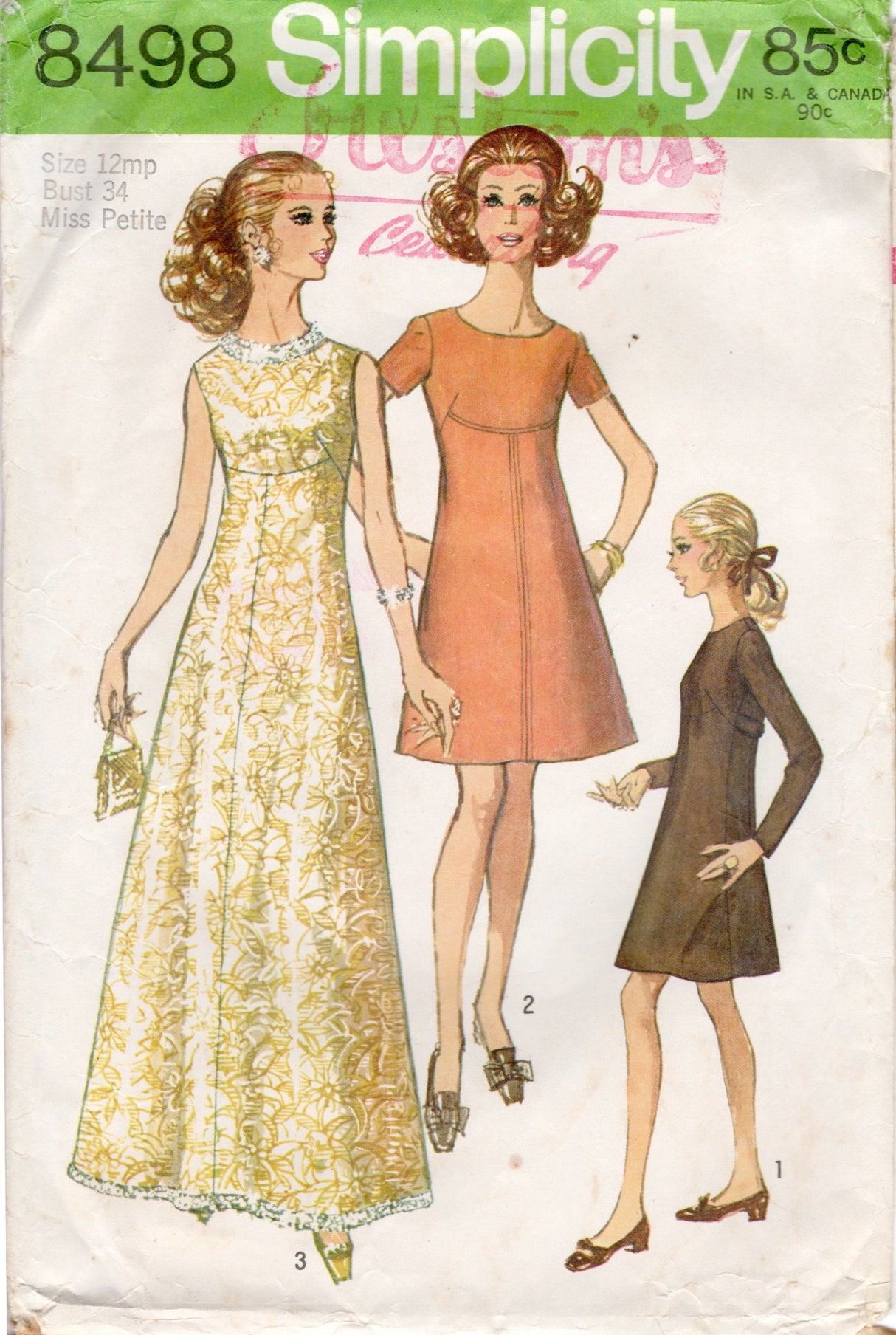 1960's Simplicity Midi or Maxi Empire Waist Dress Pattern - Bust 34" - No. 8498