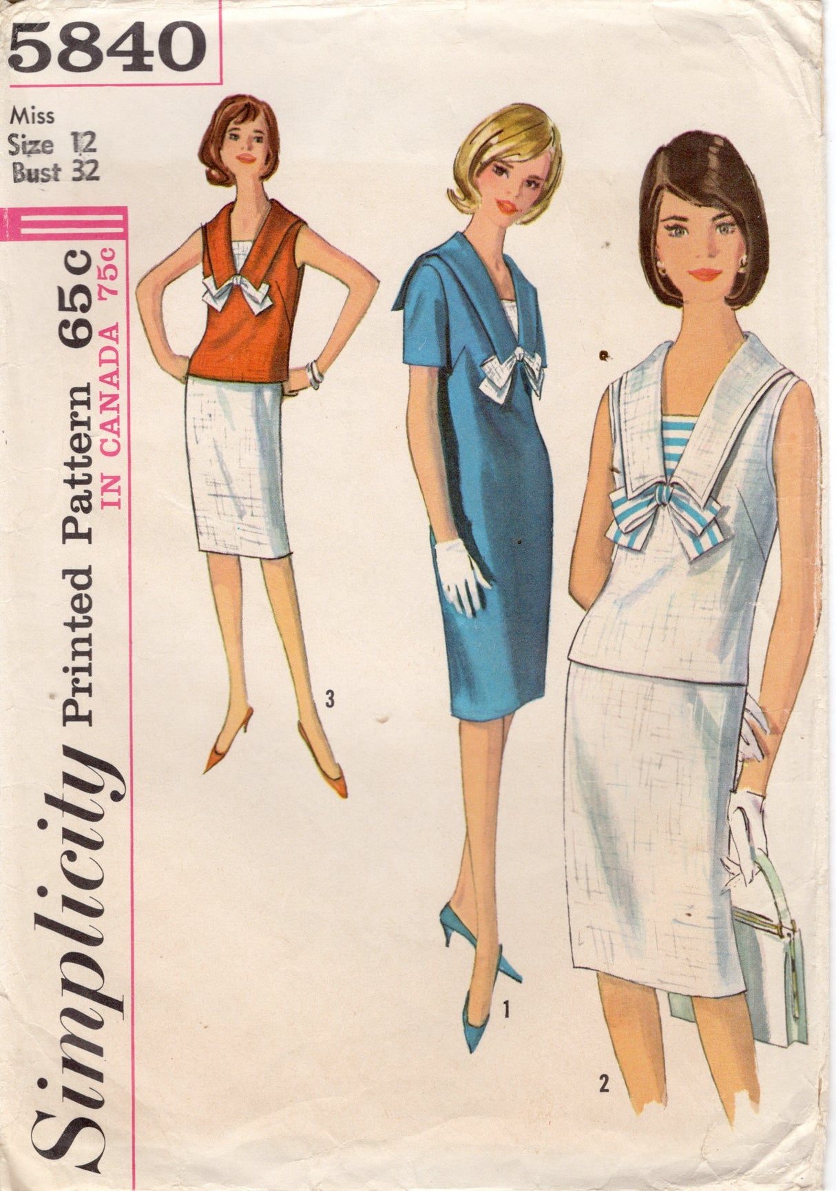 1960's Simplicity Sailor Collar Dress or Overblouse and Skirt pattern - Bust 32" - No. 5840