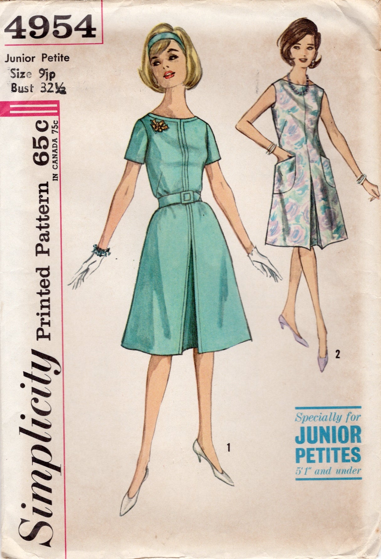 1960's Simplicity Belted Dress Pattern with Patch Pockets - Bust 32.5" - No. 4954